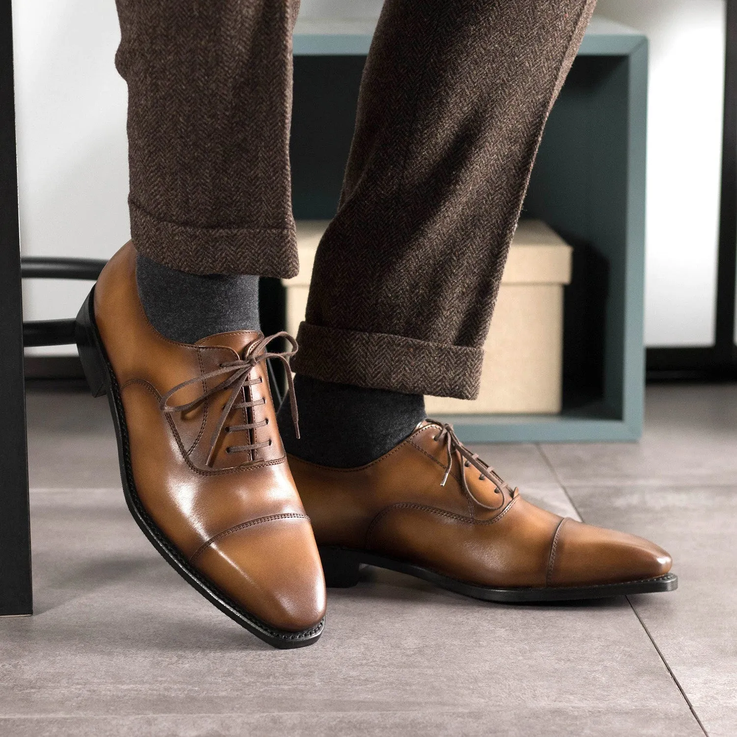 Ambrogio Bespoke Men's Shoes Medium Brown Calf-Skin Leather Cap-Toe Oxfords (AMB2473)