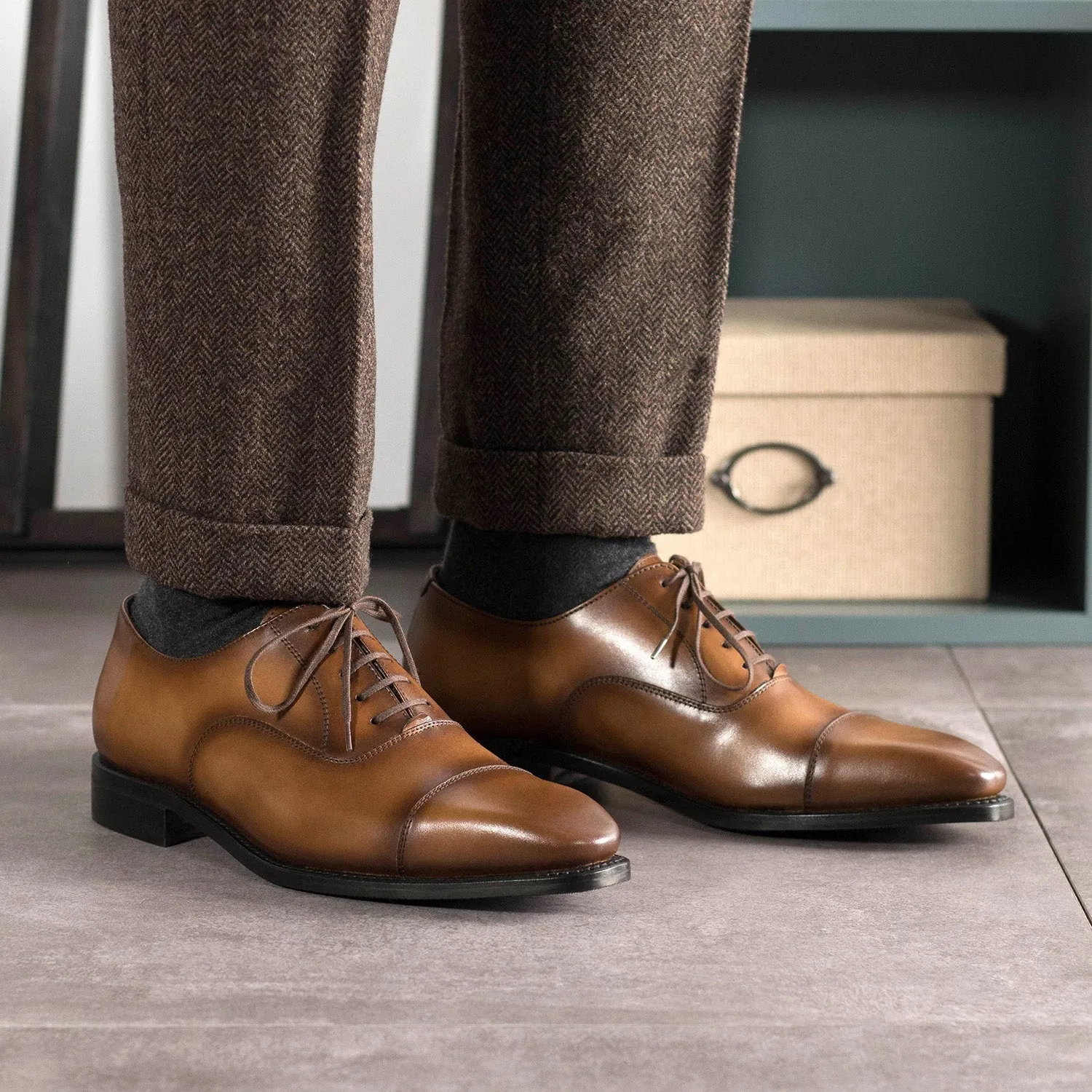 Ambrogio Bespoke Men's Shoes Medium Brown Calf-Skin Leather Cap-Toe Oxfords (AMB2473)