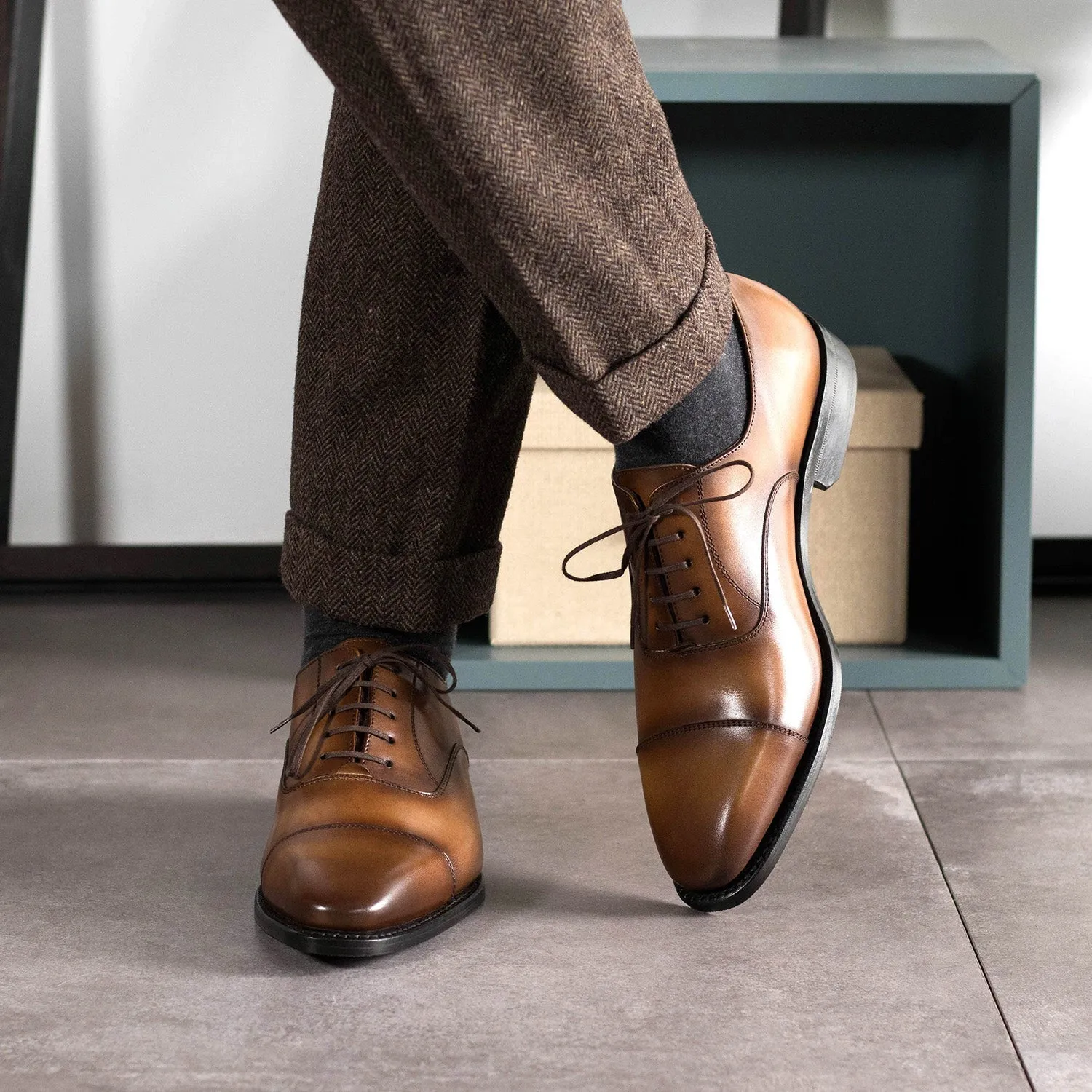 Ambrogio Bespoke Men's Shoes Medium Brown Calf-Skin Leather Cap-Toe Oxfords (AMB2473)