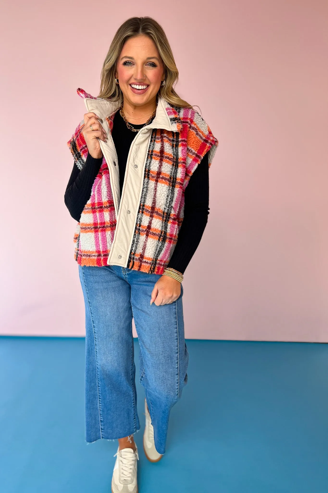 Cream Sherpa Multi Plaid High Neck Snap Button Front Vest