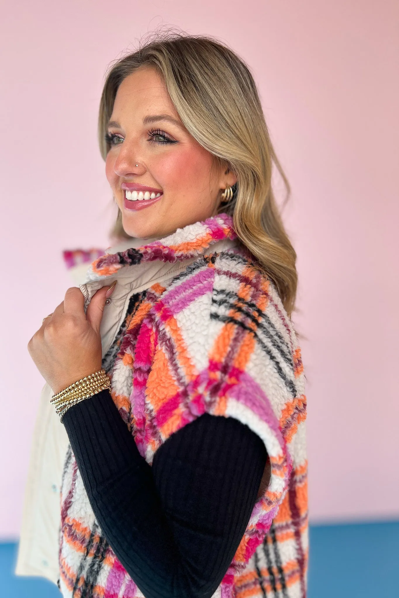 Cream Sherpa Multi Plaid High Neck Snap Button Front Vest