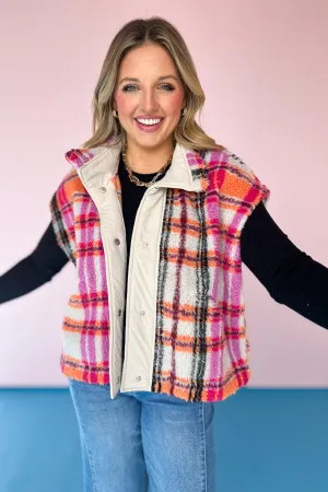 Cream Sherpa Multi Plaid High Neck Snap Button Front Vest