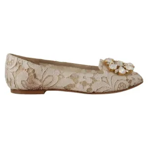 Dolce & Gabbana Beige Lace Crystal Ballet Flats Loafers Shoes