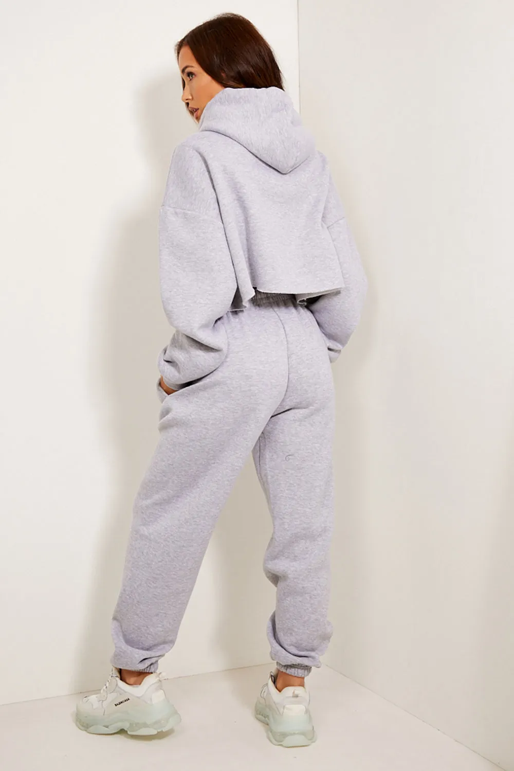 Eva Light Grey Relaxed Cropped Hoodie and Joggers Tracksuit Set