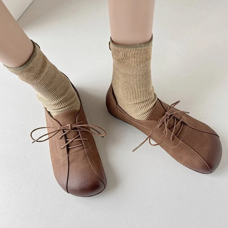 Handmade Retro Leather Flats Oxfords Shoes Women Original Design in Apricot/Brown