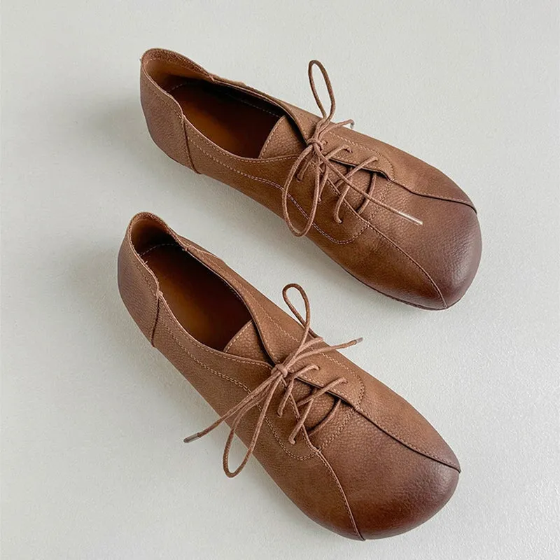 Handmade Retro Leather Flats Oxfords Shoes Women Original Design in Apricot/Brown