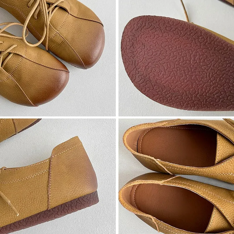 Handmade Retro Leather Flats Oxfords Shoes Women Original Design in Apricot/Brown