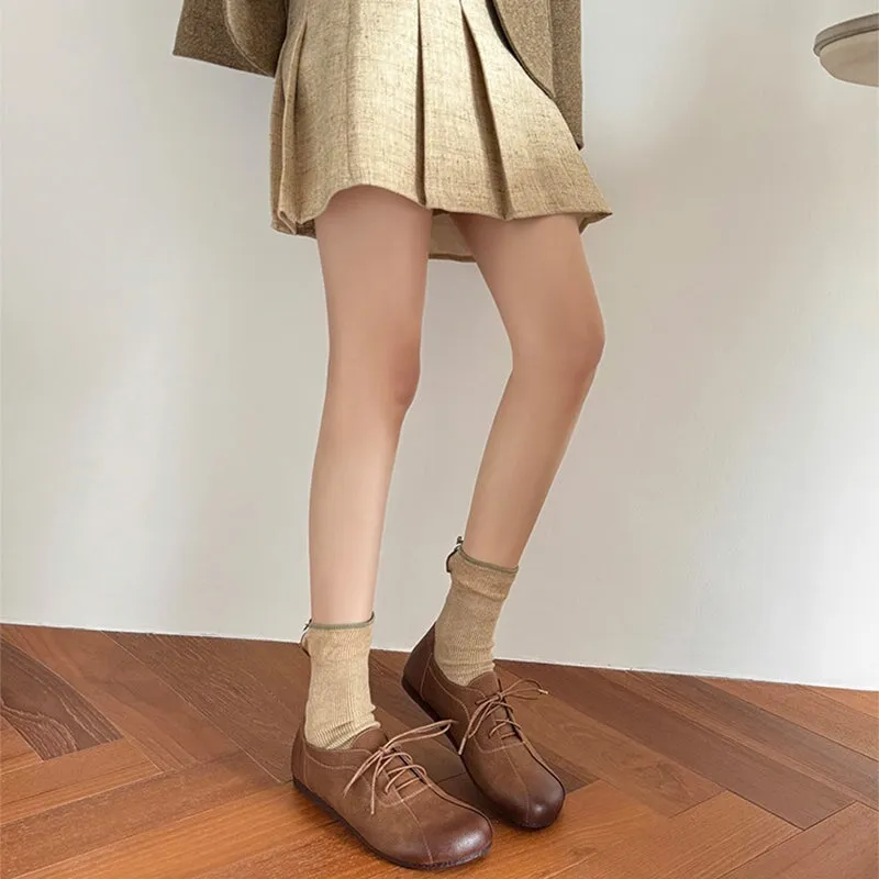 Handmade Retro Leather Flats Oxfords Shoes Women Original Design in Apricot/Brown