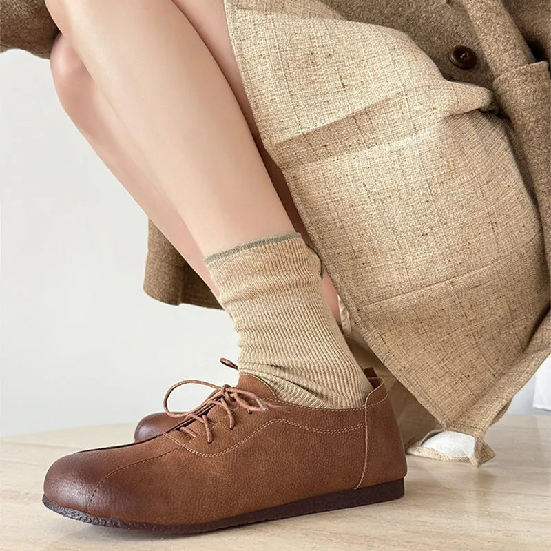 Handmade Retro Leather Flats Oxfords Shoes Women Original Design in Apricot/Brown