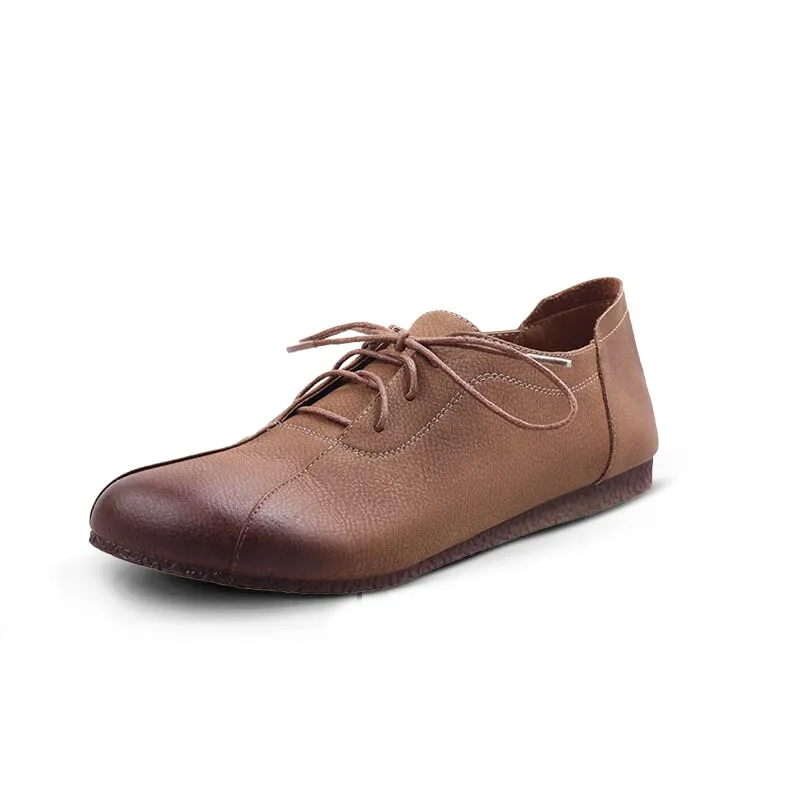 Handmade Retro Leather Flats Oxfords Shoes Women Original Design in Apricot/Brown