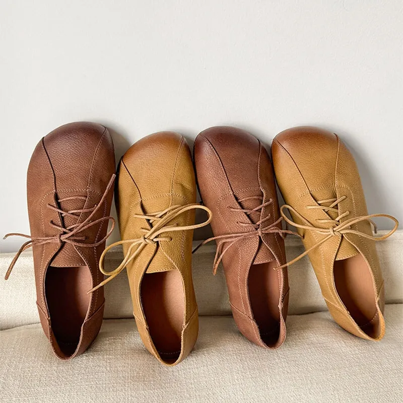 Handmade Retro Leather Flats Oxfords Shoes Women Original Design in Apricot/Brown
