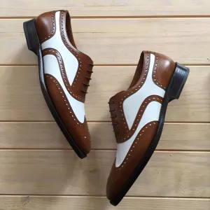 Height Increasing Tan and White Leather Lamego Brogue Oxfords - Formal Shoes - Summer 2024 Collection