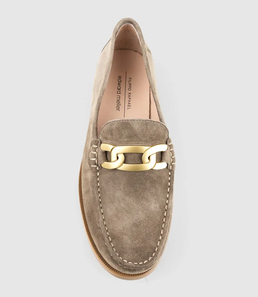 HINGE Penny Loafer with Trim in Latte Suede