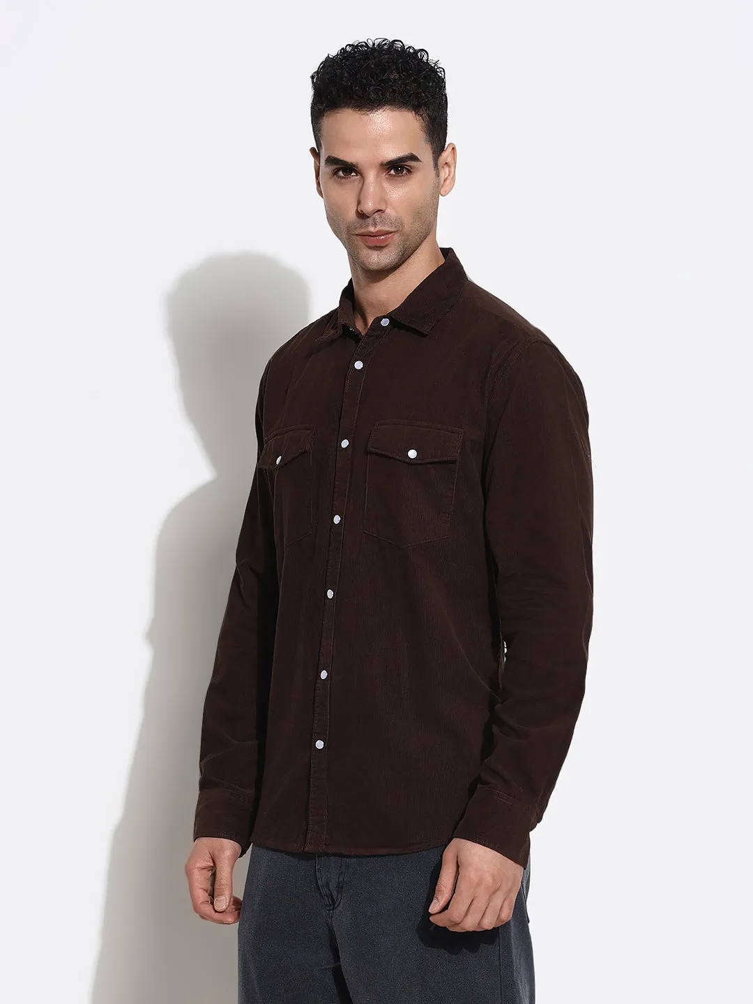 Men Brown Solid Slim Fit Casual Shirt