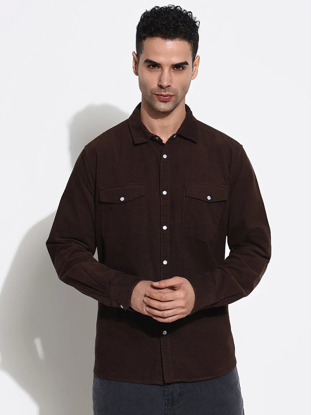 Men Brown Solid Slim Fit Casual Shirt