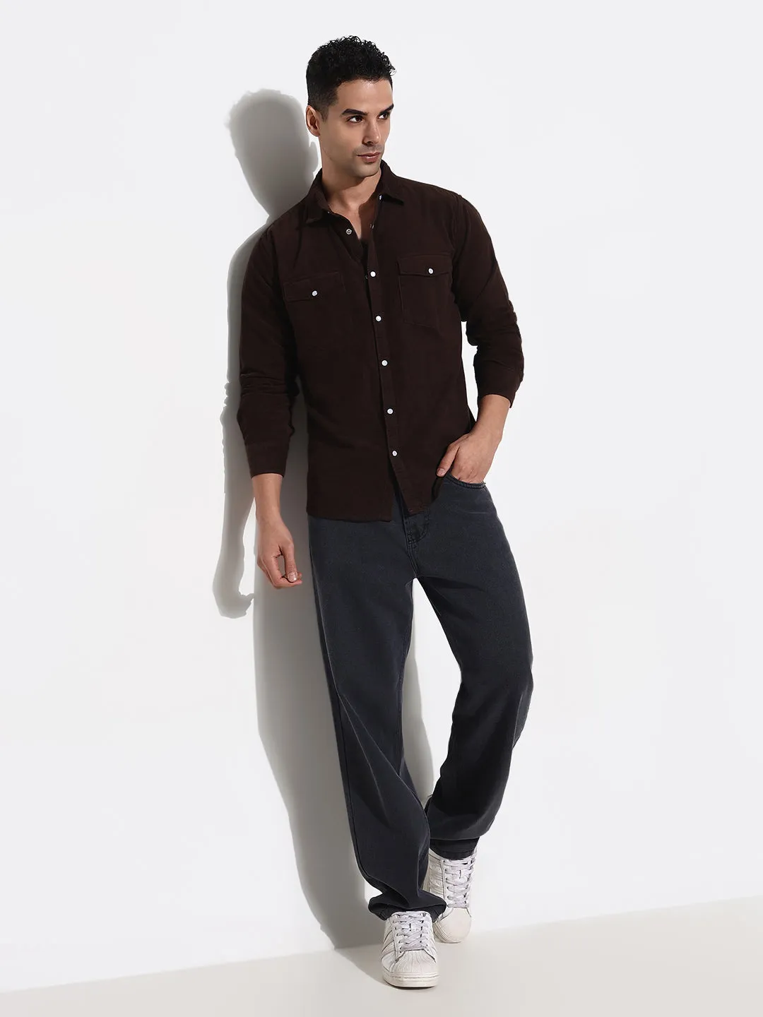 Men Brown Solid Slim Fit Casual Shirt