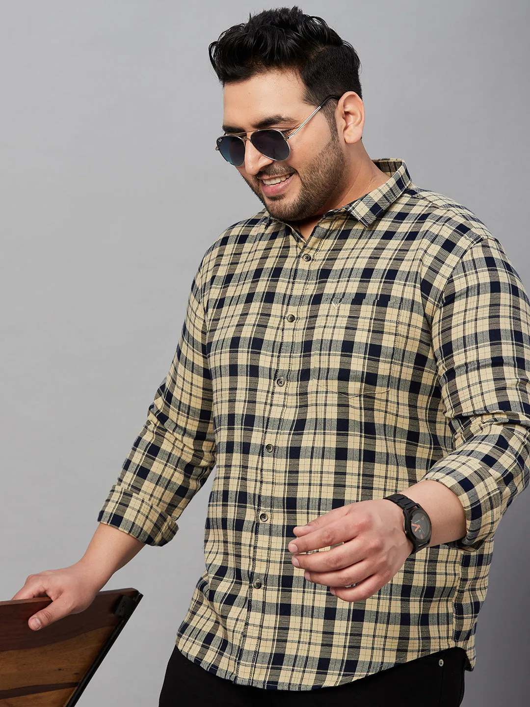 Men Checked Beige Classic Shirt
