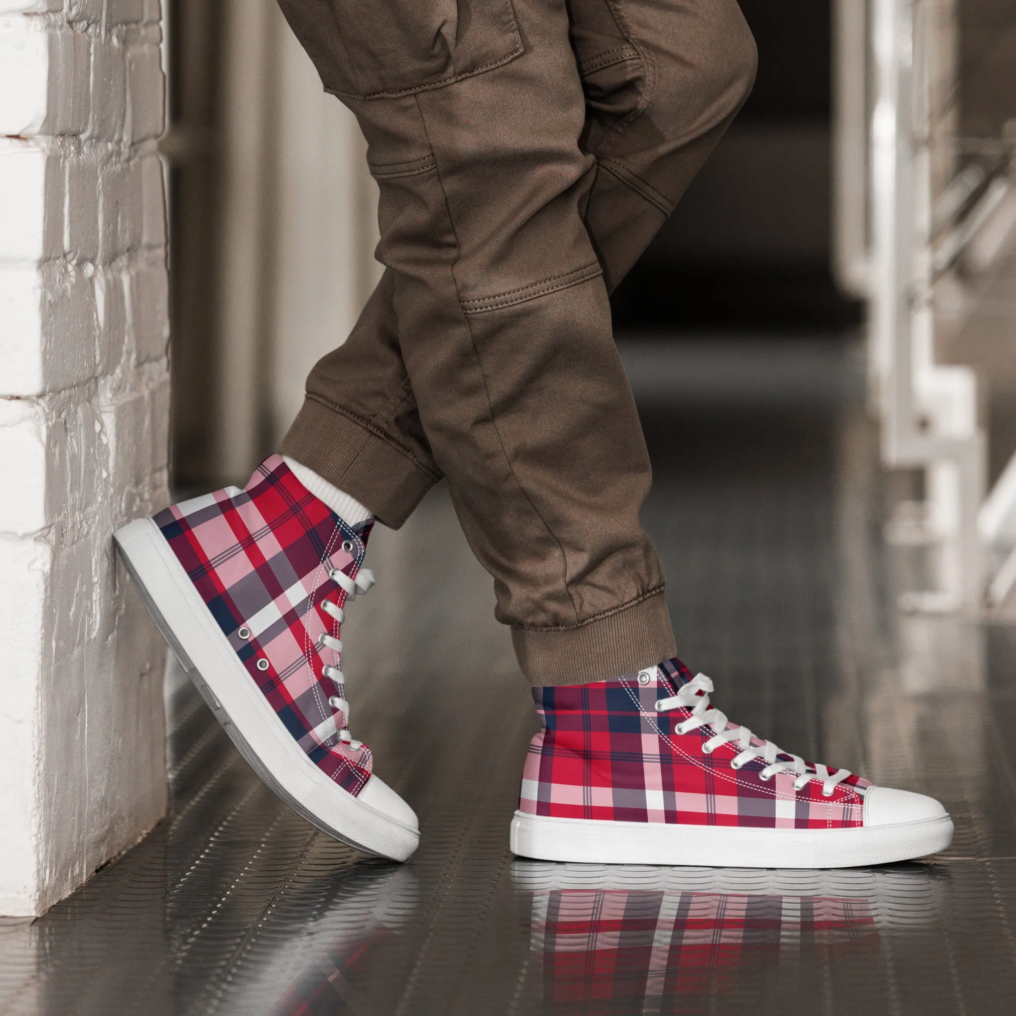 Men’s Red, White and Navy Blue Preppy Surfer Plaid High Top Canvas Shoes