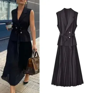 Nerina Double-Breasted 2 Piece Pleated Midi Dress  Sleeveless Blazer Top & Skirt Set in Black, Cream or Beige