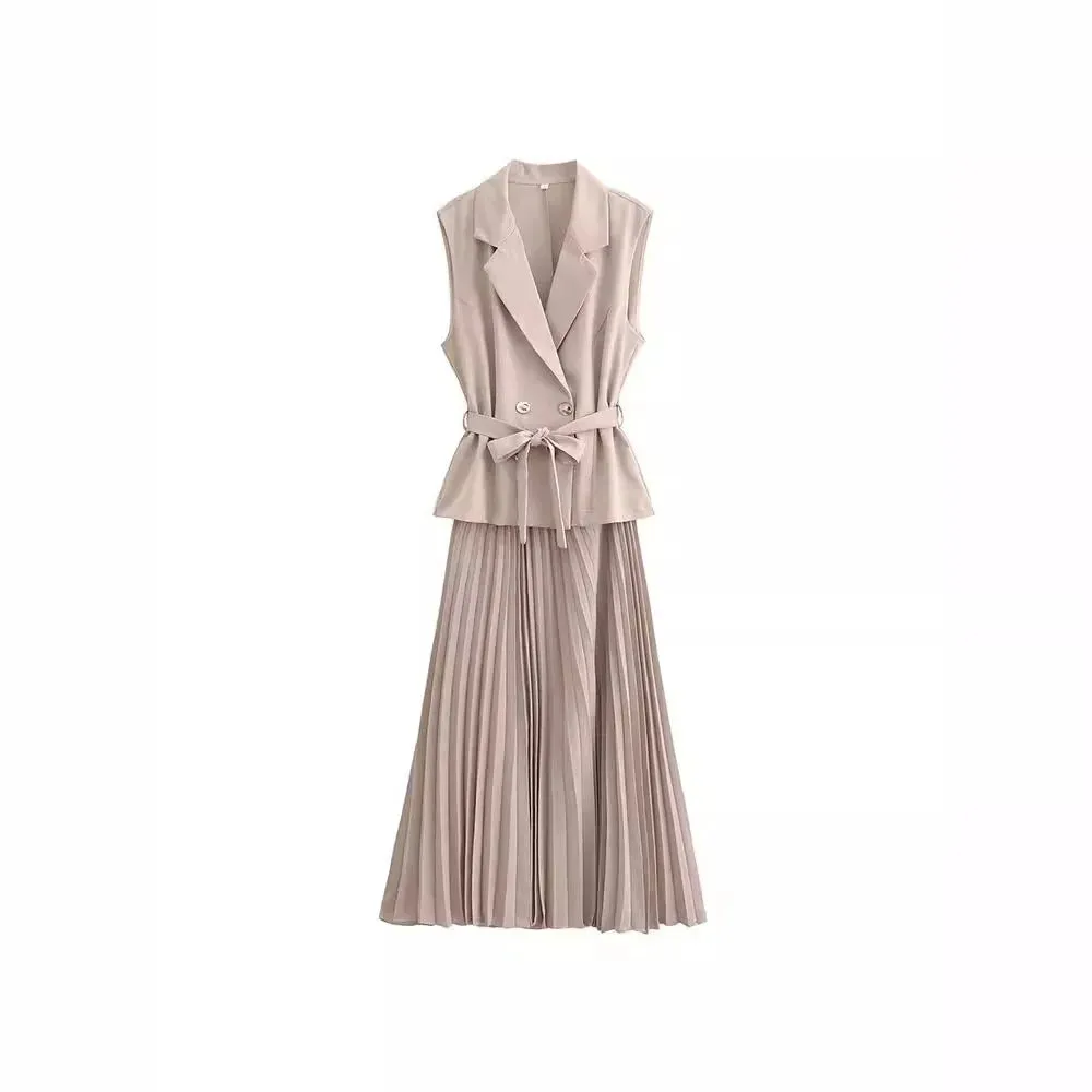 Nerina Double-Breasted 2 Piece Pleated Midi Dress  Sleeveless Blazer Top & Skirt Set in Black, Cream or Beige