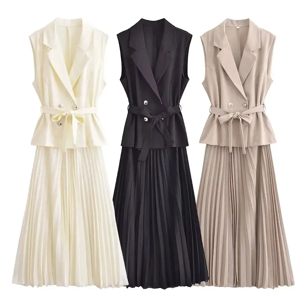 Nerina Double-Breasted 2 Piece Pleated Midi Dress  Sleeveless Blazer Top & Skirt Set in Black, Cream or Beige