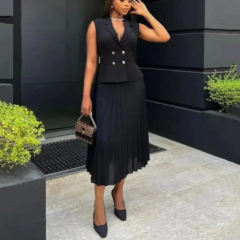 Nerina Double-Breasted 2 Piece Pleated Midi Dress  Sleeveless Blazer Top & Skirt Set in Black, Cream or Beige