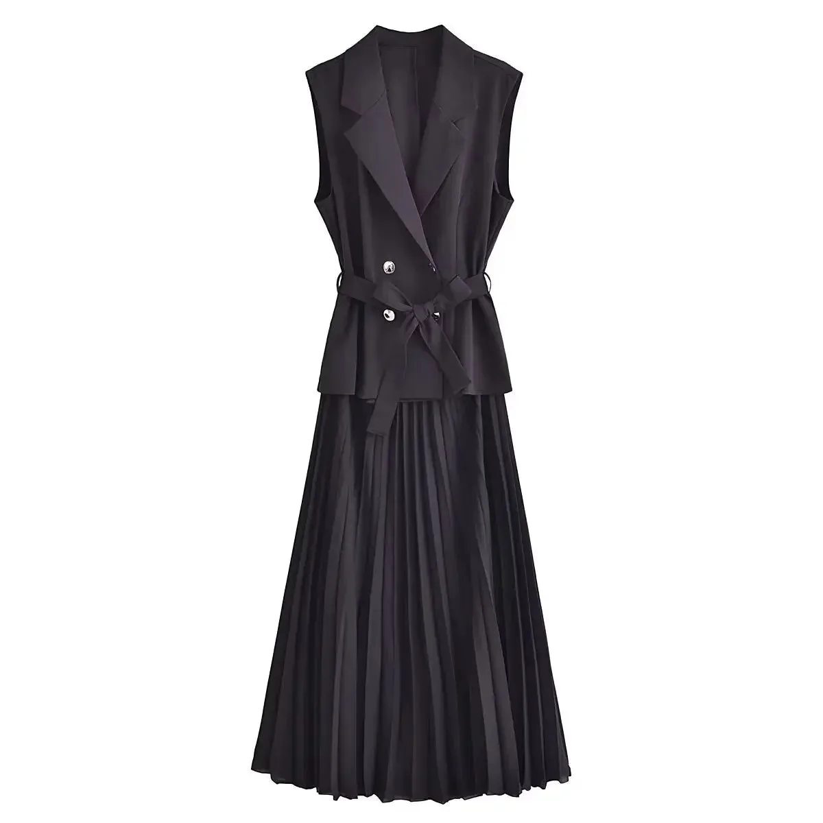 Nerina Double-Breasted 2 Piece Pleated Midi Dress  Sleeveless Blazer Top & Skirt Set in Black, Cream or Beige