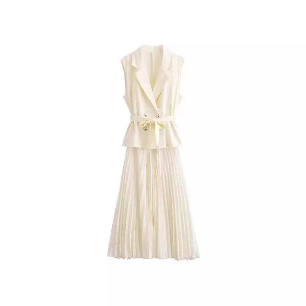 Nerina Double-Breasted 2 Piece Pleated Midi Dress  Sleeveless Blazer Top & Skirt Set in Black, Cream or Beige