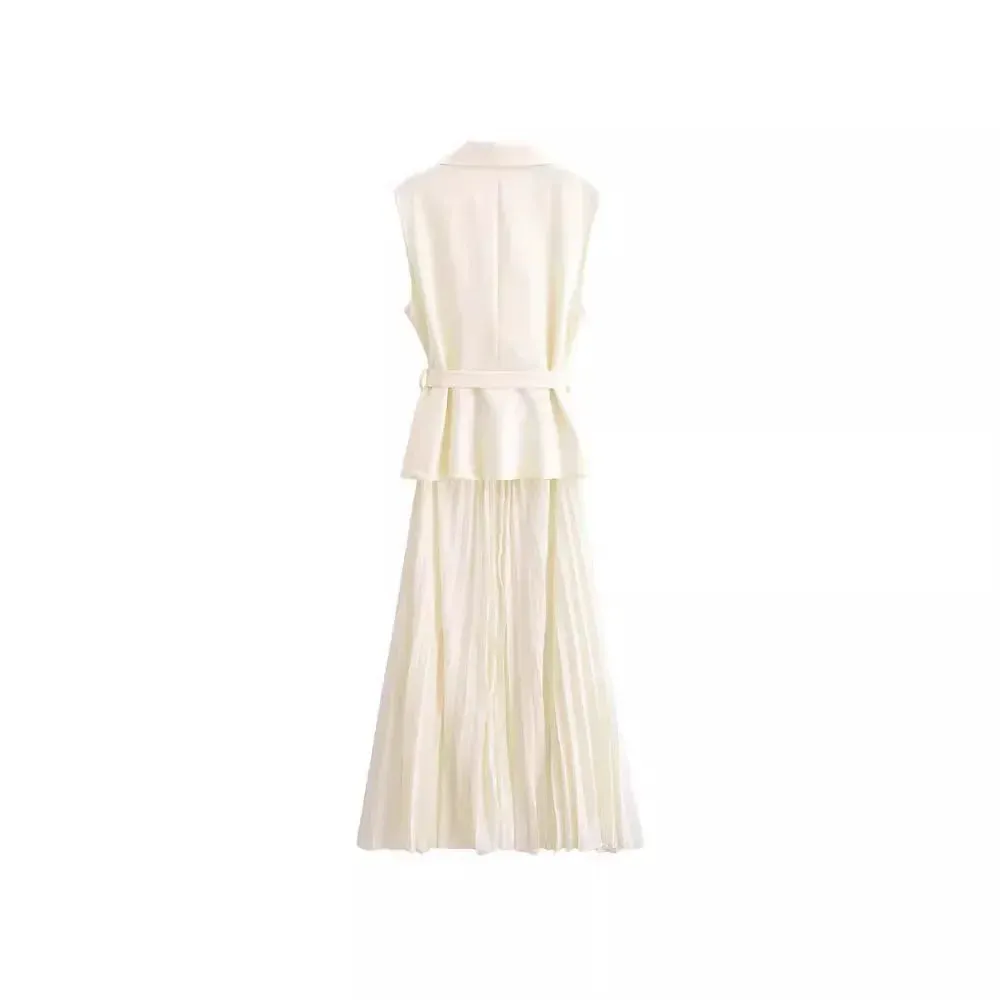 Nerina Double-Breasted 2 Piece Pleated Midi Dress  Sleeveless Blazer Top & Skirt Set in Black, Cream or Beige