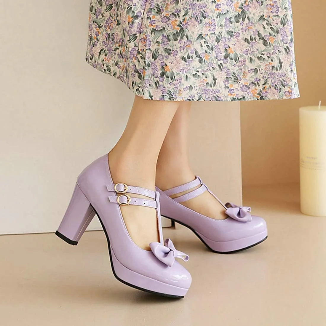 VOKLIN Women's Girls Platform T-Strap Mary Jane Pumps with Bow Ankle Strap Block High Heel Oxford Dress Shoes