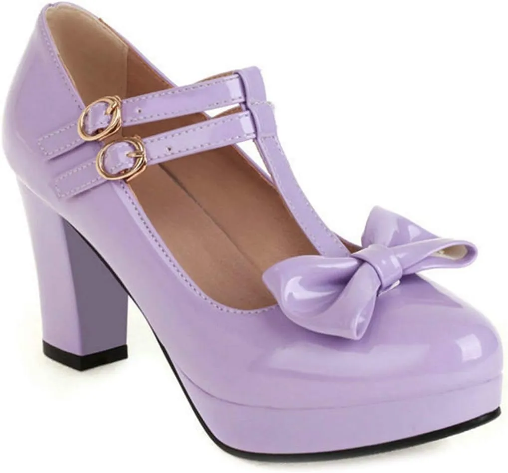 VOKLIN Women's Girls Platform T-Strap Mary Jane Pumps with Bow Ankle Strap Block High Heel Oxford Dress Shoes
