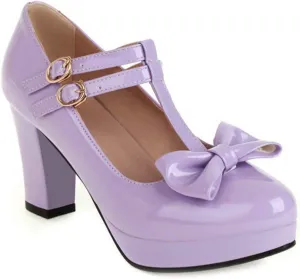 VOKLIN Women's Girls Platform T-Strap Mary Jane Pumps with Bow Ankle Strap Block High Heel Oxford Dress Shoes