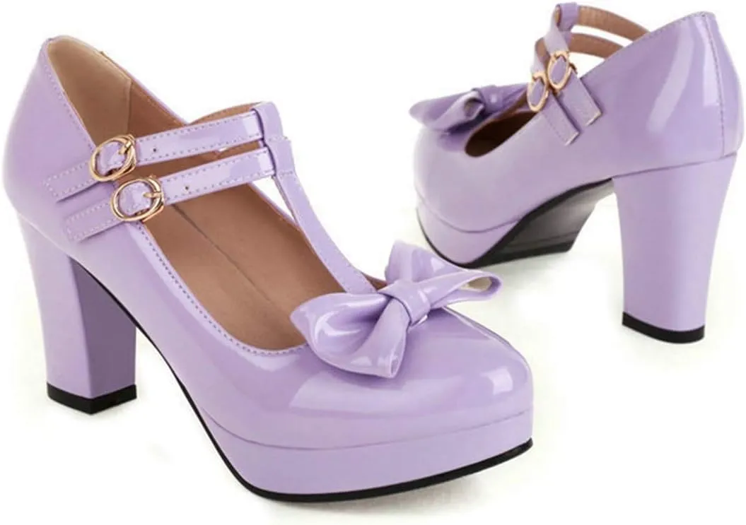 VOKLIN Women's Girls Platform T-Strap Mary Jane Pumps with Bow Ankle Strap Block High Heel Oxford Dress Shoes