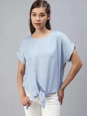 Women Blue Striped Extended Sleeves Denim Boxy Top
