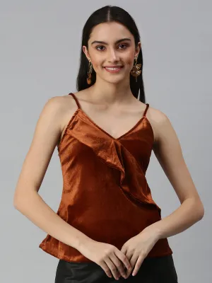 Women Brown Ruffles Velvet Top