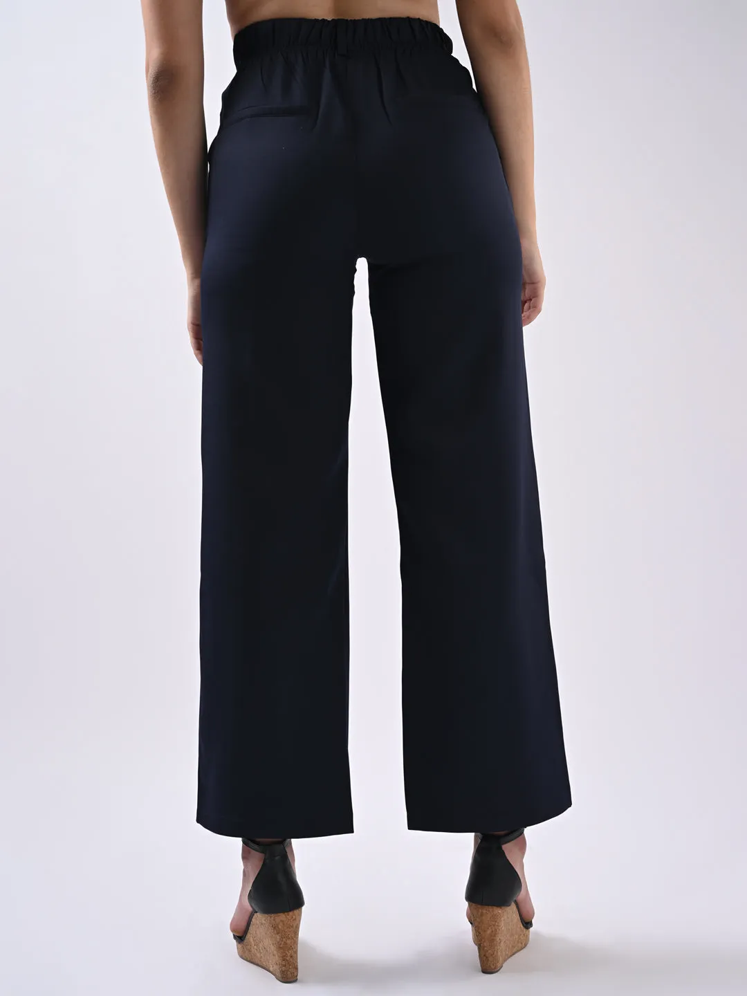 Women Navy Mid-Rise Wide Leg Trouser