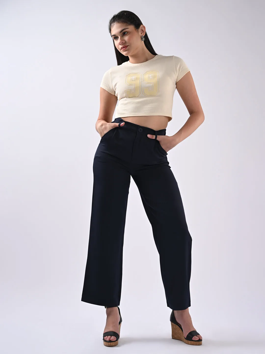 Women Navy Mid-Rise Wide Leg Trouser