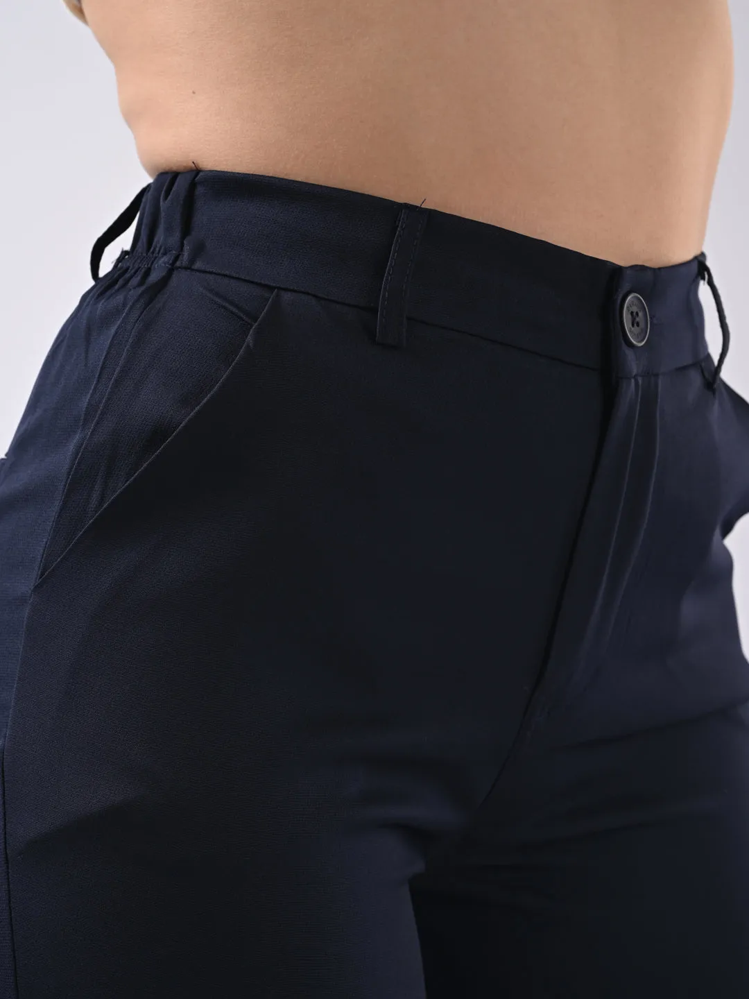 Women Navy Mid-Rise Wide Leg Trouser